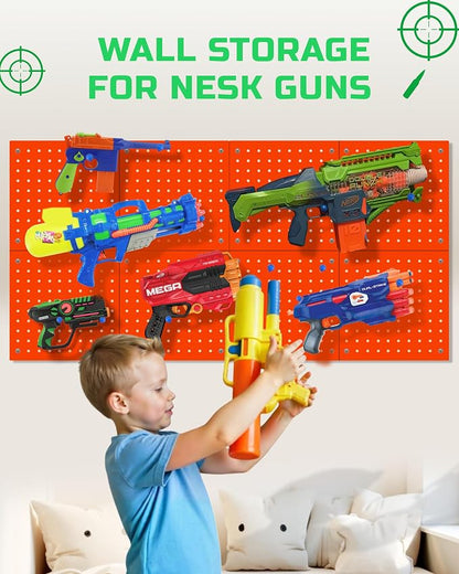 Skywin Wooden Pegboard Wall Organizer for Nerf Gun - 2 Pack - Orange | 8 MDF Panels, 20 Wooden Pegs, Compatible with All Blasters Nerf Gun Rack Organizer for Wall Organization
