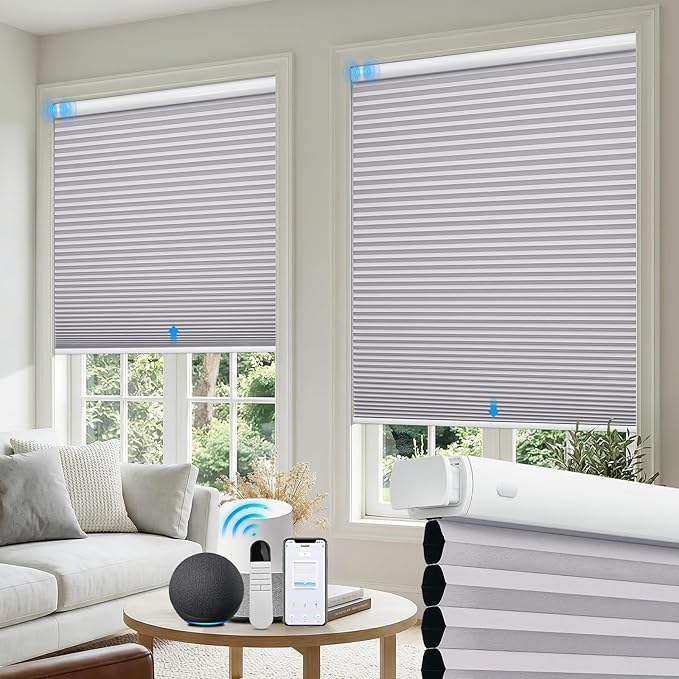 Motorized No Drill Cordless Cellular Shades, 1.5" Smart Electric Honeycomb Blind with Remote Control, Automatic No Drill Cellular Shades for Home and Office Indoor Window, Blackout Grey