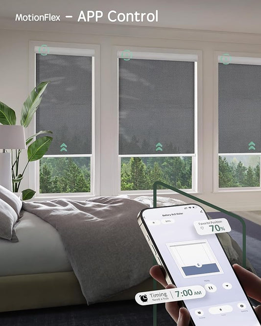 Yoolax Motorized Shades Dual Control, MotionFlex Motorized Solar Shades with App & Manual Control, Fireproof Waterproof Automatic Blinds for Indoor Windows, Custom Size (3% Openness Greyish Black)