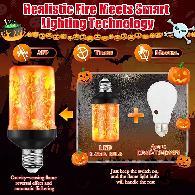 VIHOSE Upgraded Dusk to Dawn LED Flame Light Bulbs Outdoor,E26 Flickering Light Bulbs with Upside Down Effect, Fire Bulb for Christmas Halloween Patio Porch Outdoor Decor, 25, 000 Hours, 2 Pack