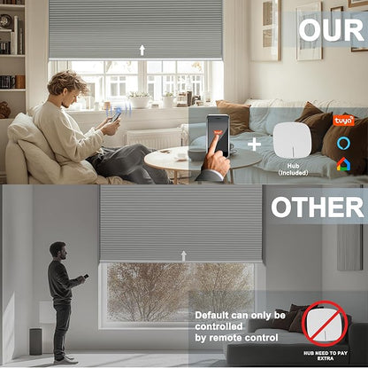 BERISSA Motorized Cellular Shades, Blackout Smart Honeycomb Blinds with Remote Control & Hub, Custom Room Darkening Automatic Cellular Window Blinds for Home Office, Living Room, Door,Gray