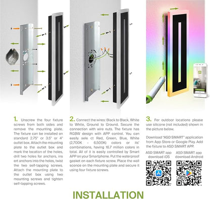 ASD LED 24" Long Wall Mount Light Fixture, Outdoor & Indoor Linear Sconce | RGBW, Smart, Waterproof, Anti-Rust, ETL Listed | 24W 1100LM 2700-6500K 100-277V | Exterior Porch Lighting | Black, 2 Pack