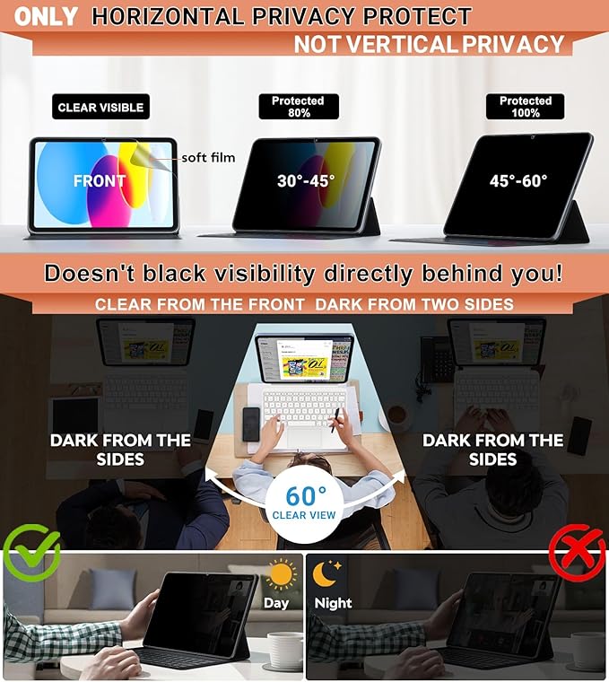 FILMEXT Privacy Screen Protector for iPad (A16) 11th/10th Generation (2025/2022) A3354 A3355 A3356 A2696 A2757 A2777 A3162, Anti-Spy Anti Blue Light Glare Landscape Privacy Filter Matte PET Screen