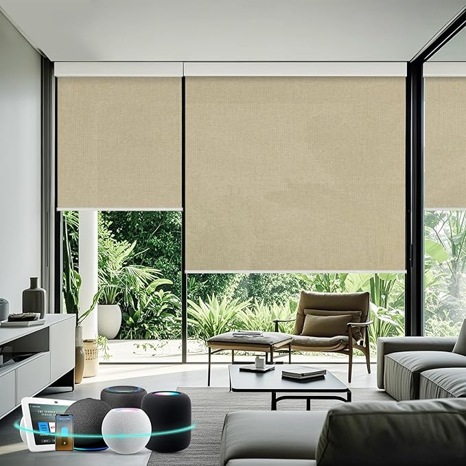Aprilsmart Motorized Blinds with Remote,Light Filtering Motorized Roller Shades Work with Apple Homekit,Alexa,SmartThings,Google Home,Customize Blinds(Linen CARAMEL-67)