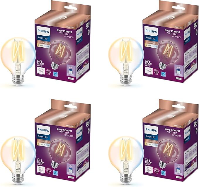 Philips Smart Vintage G25 60W Tunable White Filament LED Smart Bulb 4 Pack - E26 Indoor -Connect to Your Wi-Fi - Control with Voice or App - Powered by WiZ Connected