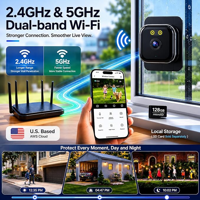 Window Camera 3MP 2K Indoor for Home Security, Color Night Vision - 2Pack | No Drilling See Outside from Inside Through Glass, 2.4GHz & 5GHz WiFi, AI Person Detection, Anti-Reflection Design