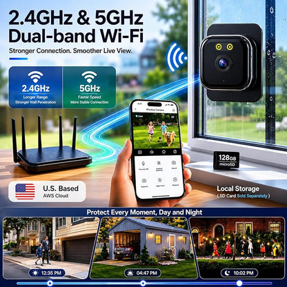 Window Camera 3MP 2K Indoor for Home Security, Color Night Vision - 2Pack | No Drilling See Outside from Inside Through Glass, 2.4GHz & 5GHz WiFi, AI Person Detection, Anti-Reflection Design