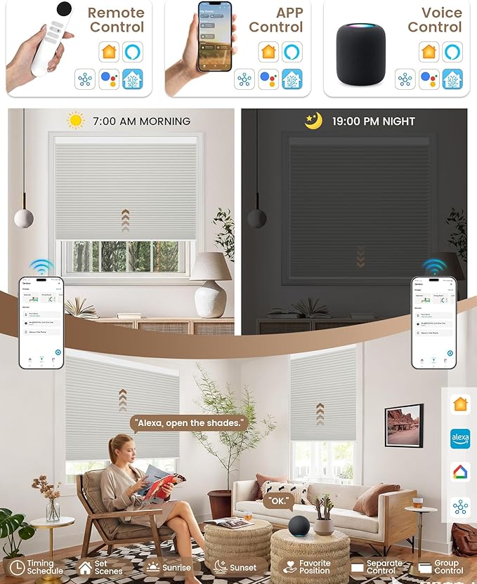 Kincmo Motorized Cellular Shades, Custom Motorized Blinds with Remote, Cordless Smart Electric Honeycomb Blinds Work with Apple HomeKit, Alexa, Google (100%-Blackout-Double-Cell Cream)