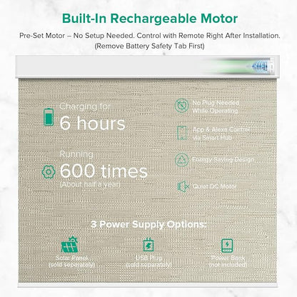 Motorized Roller Shades, Light Filtering Remote Control Custom Window Shades Compatible with Alexa Google Assistant via RF Hub, Rechargeable Electric Blinds for Windows (Texture Dark Coffee)