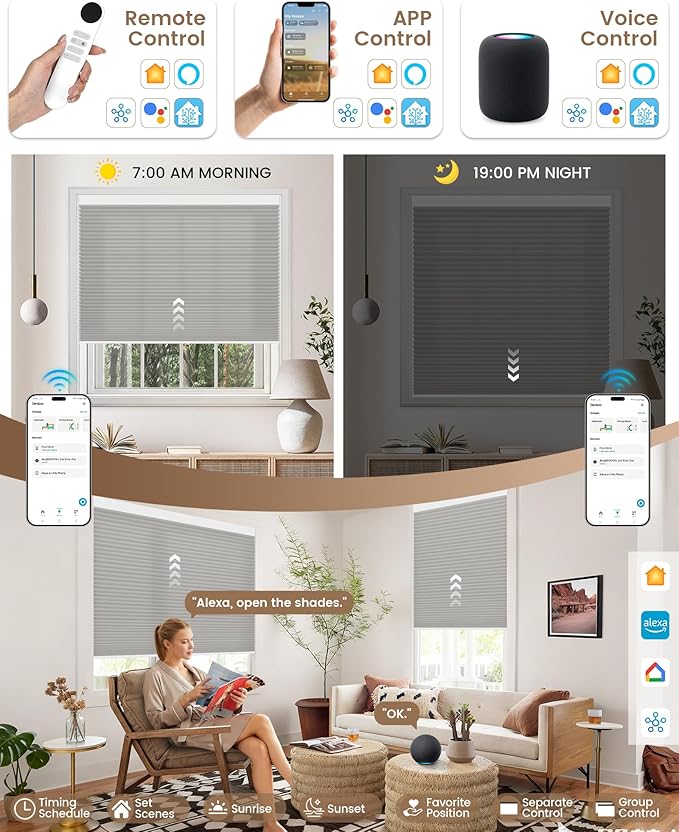 Kincmo Motorized Cellular Shades, Custom Motorized Blinds with Remote, Cordless Smart Electric Honeycomb Blinds Work with Apple HomeKit, Alexa, Google (85%-Blackout-Double-Cell Grey)