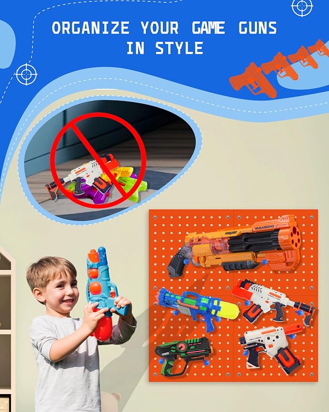 Wooden Peg Board for Nerf Gun Storage Organizer 13 x 13 x 0.31 in - Orange | 4 MDF Panels, 20 Wooden Pegs, Compatible with All Blasters Nerf Gun Rack Organizer for Wall Organization