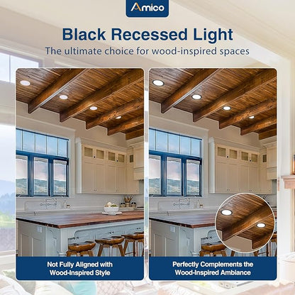 Amico 36 Pack 6 Inch 5CCT Ultra-Thin LED Recessed Ceiling Light with J-Box, 2700K/3000K/3500K/4000K/5000K Selectable, 12W Eqv 110W, Dimmable Canless Downlight, 1050LM High Brightness, Black