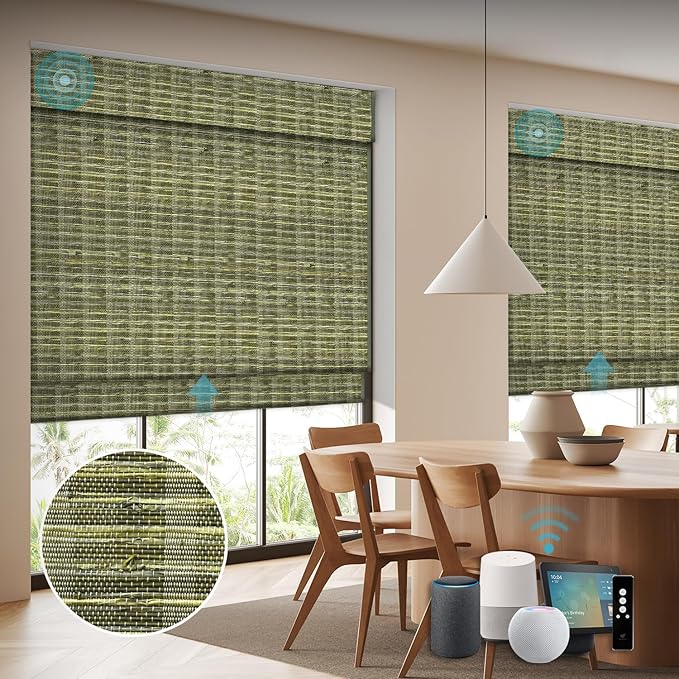 SmartWings Motorized Wood Blinds for Windows Work with Matter Homekit Zigbee Alexa Z-Wave, Smart Wooven Shades Blackout/Light fitlering, Electric Roman Shades with Remote, Customized, Bamboo Jute 922
