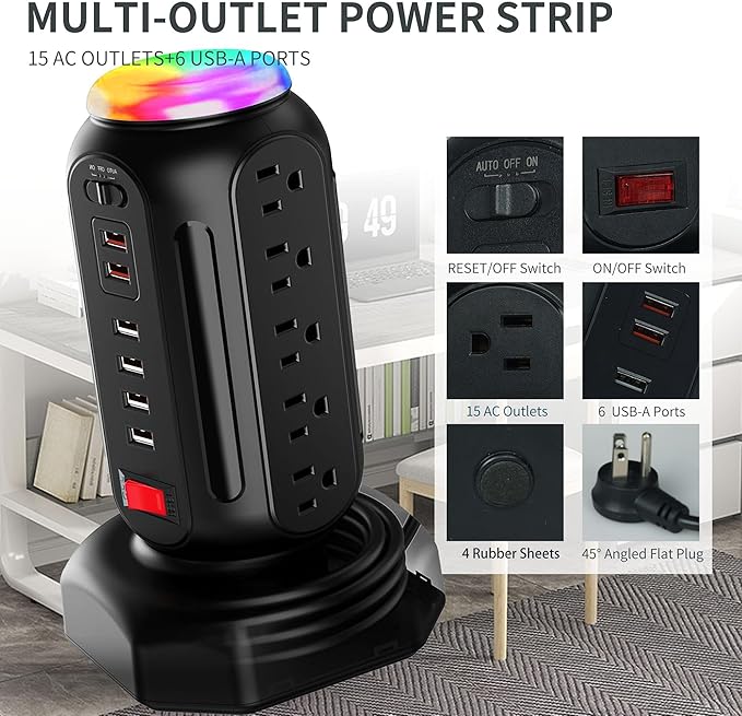 Surge Protector Power Strip Tower, 6.5 FT Retractable Extension Cord with 15 Outlets and 6 USB (2 USB-C) Charging Station, 900J, Office Desk Supplies, Dorm Essentials