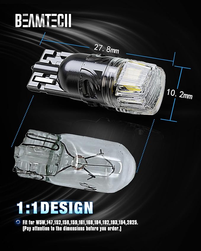 BEAMTECH 194 LED Bulbs, 6500K White Light, 168 2825 W5W T10 LED Light Build-in CANBUS for Interior Dome Map Door License Courtesy Dash Lights, 10 Bulbs.