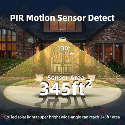 HMCITY 120 LED Solar Lights Outdoor with Motion Sensor and 3 Lighting Modes, IP65 Waterproof Wide Solar Wall Lights Ideal for Garden Patio Yard (Front Button 4Packs, White Shell-Warm White)