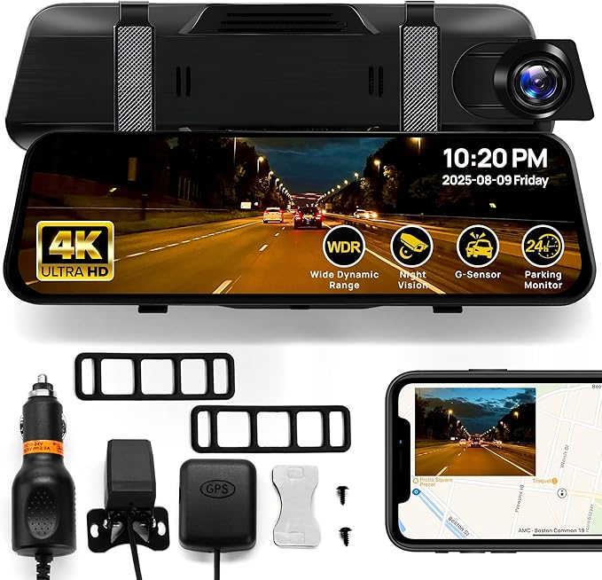 RIVELA 10” Rear View Mirror Camera - 4K Touchscreen Digital Rearview Mirror with GPS, G-Sensor, Loop Recording, Night Vision, 170° Wide Angle, Backup Dash Cam for Cars, Easy Installation