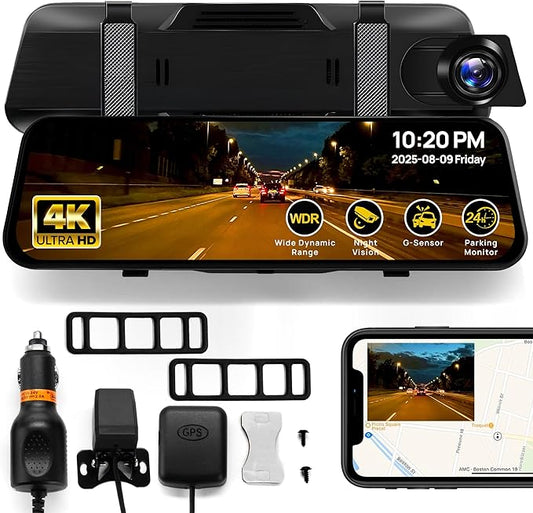 RIVELA 10” Rear View Mirror Camera - 4K Touchscreen Digital Rearview Mirror with GPS, G-Sensor, Loop Recording, Night Vision, 170° Wide Angle, Backup Dash Cam for Cars, Easy Installation