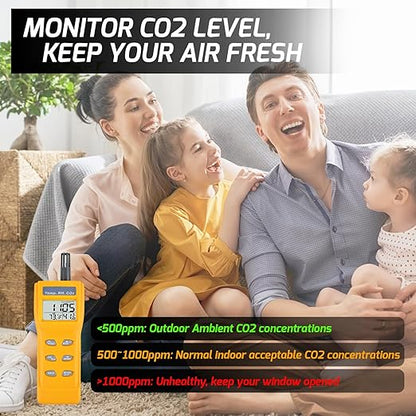 Portable CO2 Meter Handheld CO2 Detector Monitor 0~9999ppm, Carbon Dioxide Meter with Alarm Function, Temperature & Humidity Meter NDIR Sensor Air Quality Monitor for Home Trip Classroom and Office