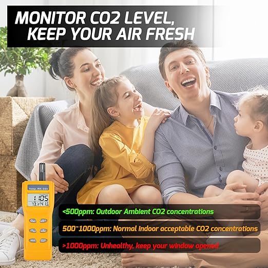 Portable CO2 Meter Handheld CO2 Detector Monitor 0~9999ppm, Carbon Dioxide Meter with Alarm Function, Temperature & Humidity Meter NDIR Sensor Air Quality Monitor for Home Trip Classroom and Office
