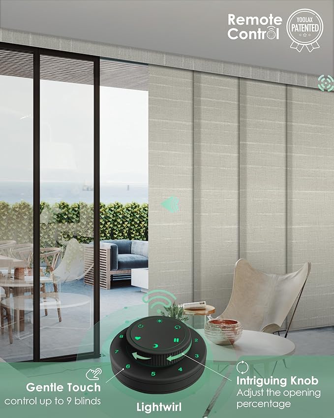 Yoolax Custom XL Smart Sliding Door Blinds, Motorized Sliding Panel Blinds Compatible with Alexa, Fabric Shading Vertical Rechargeable Battery Shades for Glass Doors(Half Shading Woven Dune Yellow)