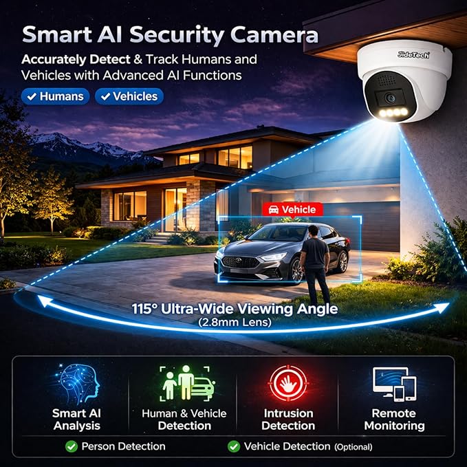 JideTech 4K PoE IP Camera Outdoor, UltraHD 8MP PoE Turret Security Cameras Indoor, 115° Wide Angle 2.8mm Lens, Human&Vehicle Detection, 98ft IR, Color Night Vision, 2-Way Audio, RTSP, for Onvif NVR
