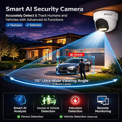 JideTech 4K PoE IP Camera Outdoor, UltraHD 8MP PoE Turret Security Cameras Indoor, 115° Wide Angle 2.8mm Lens, Human&Vehicle Detection, 98ft IR, Color Night Vision, 2-Way Audio, RTSP, for Onvif NVR