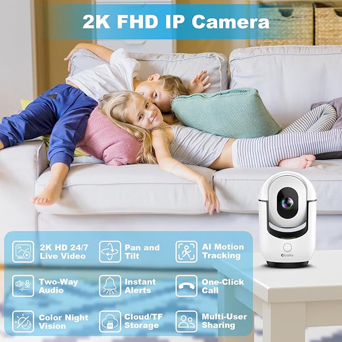 Cloarks 2K Pan/Tilt Security Camera, WiFi Indoor Cameras for Home Security with AI Motion Detection, Pet/Dog/Baby Camera with Phone App, 2-Way Audio, 24/7, Siren, TF/Cloud Storage, 2 Pack