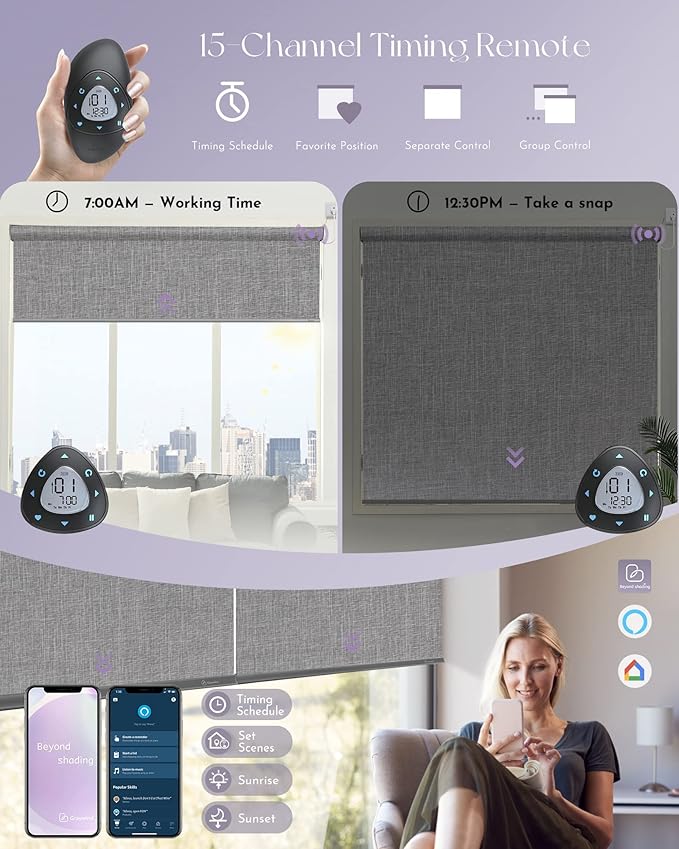 Graywind Motorized Shades 100% Blackout Work with Alexa Google WiFi Smart Hardwired Window Shade Remote Control Thermal Insulated Electric Blinds, Customized Size (Light Gray)