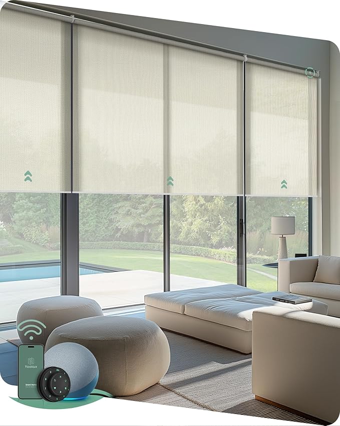 Yoolax Smart Coupled Solar Shades Compatible with Alexa, Motorized Blinds with Remote Flame Retardant Coupled Roller Shades for X-Large Windows, Custom Size (XL - 3% Openness Beige)