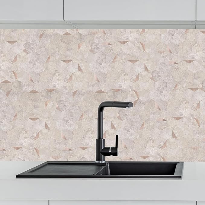 10-Sheet Hexagonal Peel and Stick Backsplash, Seamless Design Beige Stone Kitchen Backsplash Wall Tiles, Stone Surface Waterproof Stick on Tile for Bathroom, RV, Fireplace