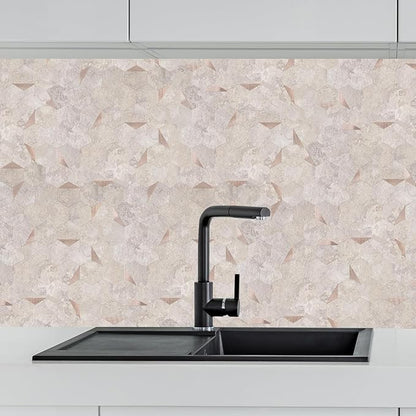 10-Sheet Hexagonal Peel and Stick Backsplash, Seamless Design Beige Stone Kitchen Backsplash Wall Tiles, Stone Surface Waterproof Stick on Tile for Bathroom, RV, Fireplace