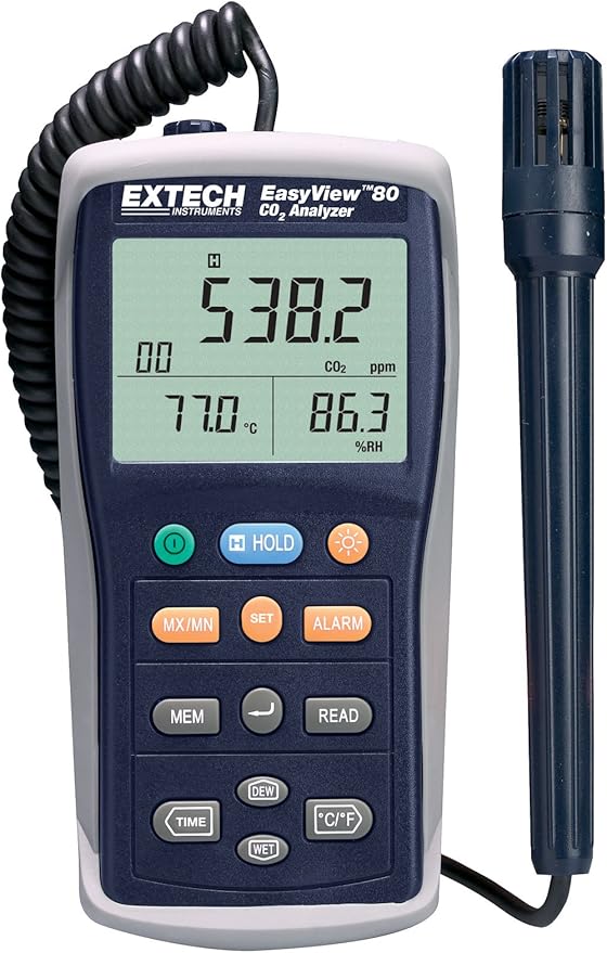 Extech EA80 EasyView Indoor Air Quality Meter and Datalogger - CO2, Temperature, Humidity, Dew Point, Wet Bulb, NDIR Sensor, 20,000 Data Set Logging, Backlit LCD