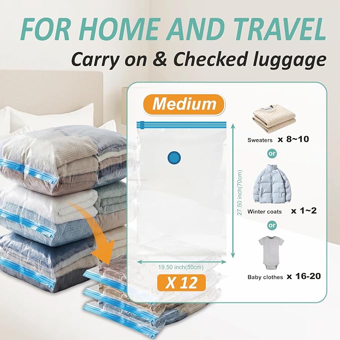 Vacuum Storage Bags with Hand Pump, Vacuum Seal Space Saver Bags,12 Medium | 80% Space-Saving Bags for Clothes, Pillows & Bedding; Double-Zip Airtight Seal; For Luggage, Home & Travel Storage