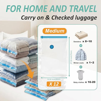 Vacuum Storage Bags with Hand Pump, Vacuum Seal Space Saver Bags,12 Medium | 80% Space-Saving Bags for Clothes, Pillows & Bedding; Double-Zip Airtight Seal; For Luggage, Home & Travel Storage
