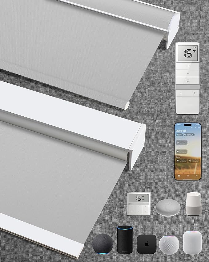 Motorized Blinds with Remote: Kincmo 100% Blackout Roller Shades Work with Apple Homekit,Alexa,Google Home, Customized Electric Blinds with App,Voice Control (100% Blackout Pure Light Grey)