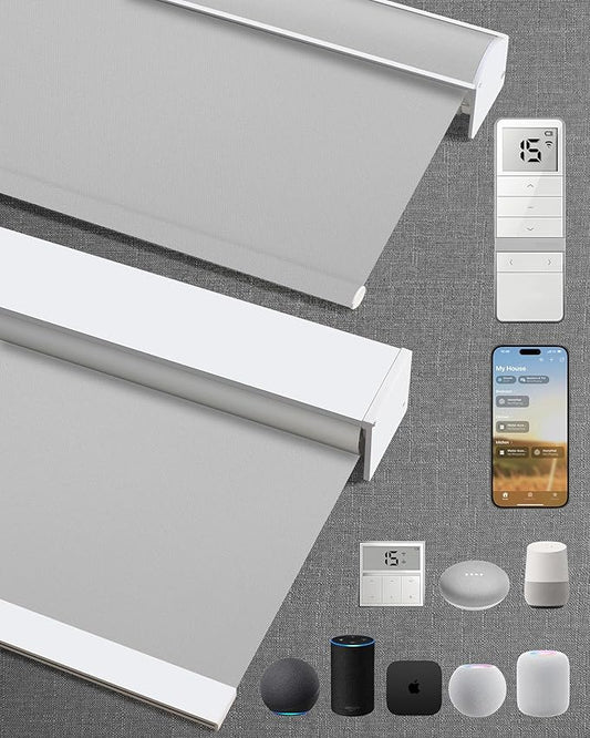 Motorized Blinds with Remote: Kincmo 100% Blackout Roller Shades Work with Apple Homekit,Alexa,Google Home, Customized Electric Blinds with App,Voice Control (100% Blackout Pure Light Grey)
