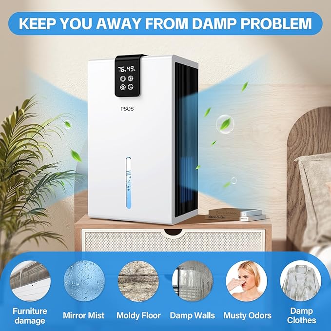 PSOS Dehumidifier, 98 OZ Water Tank, Dehumidifiers for Home, (1000 sq.ft) Quiet Dehumidifier for Bedroom Bathroom Basement with Humidity Display, Auto Shut Off, Relaxing 7 Color Ambient Light(White)