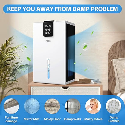 PSOS Dehumidifier, 98 OZ Water Tank, Dehumidifiers for Home, (1000 sq.ft) Quiet Dehumidifier for Bedroom Bathroom Basement with Humidity Display, Auto Shut Off, Relaxing 7 Color Ambient Light(White)