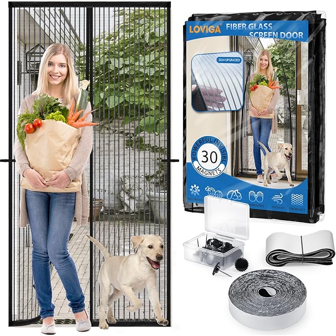 Heavy Duty Door Screen Magnetic Closure, LOVIGA Thickened Fiberglass Screen Door Mesh, Self Sealing, Tear Resistant, Easy Assemble, Fine Mesh Keep Bugs Out Fit Door Size 38 Inch X 95 Inch
