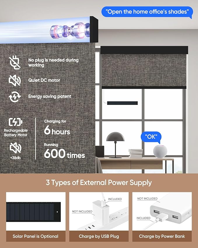 Motorized Blinds with Remote: Kincmo 100% Blackout Roller Shades Work with Apple Homekit,Alexa,Google Home, Customized Electric Blinds with App,Voice Control (100% Blackout Natural Cocoa)
