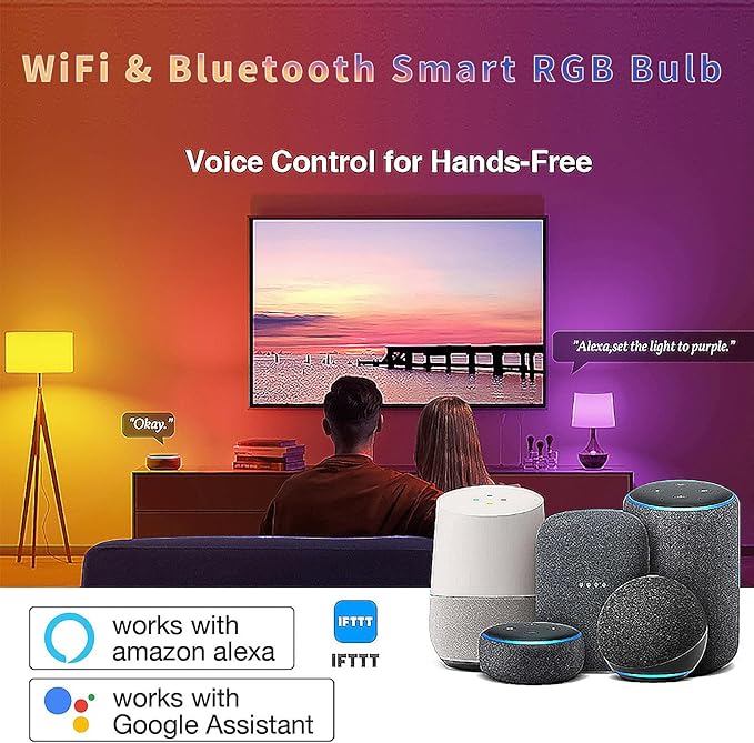 RGB Smart Light Bulb - WiFi & Bluetooth Color Changing A19 9W (60W Equivalent) 500LM - Music Sync Compatible with Alexa & Google Home for Party
