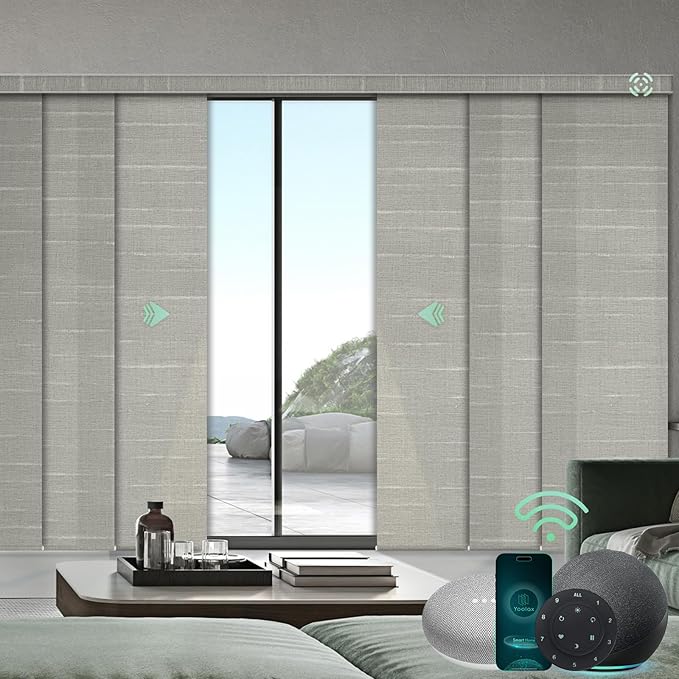 Yoolax Custom XL Smart Sliding Door Blinds, Motorized Sliding Panel Blinds Compatible with Alexa, Fabric Shading Vertical Rechargeable Battery Shades for Glass Doors(Half Shading Woven Dune Yellow)