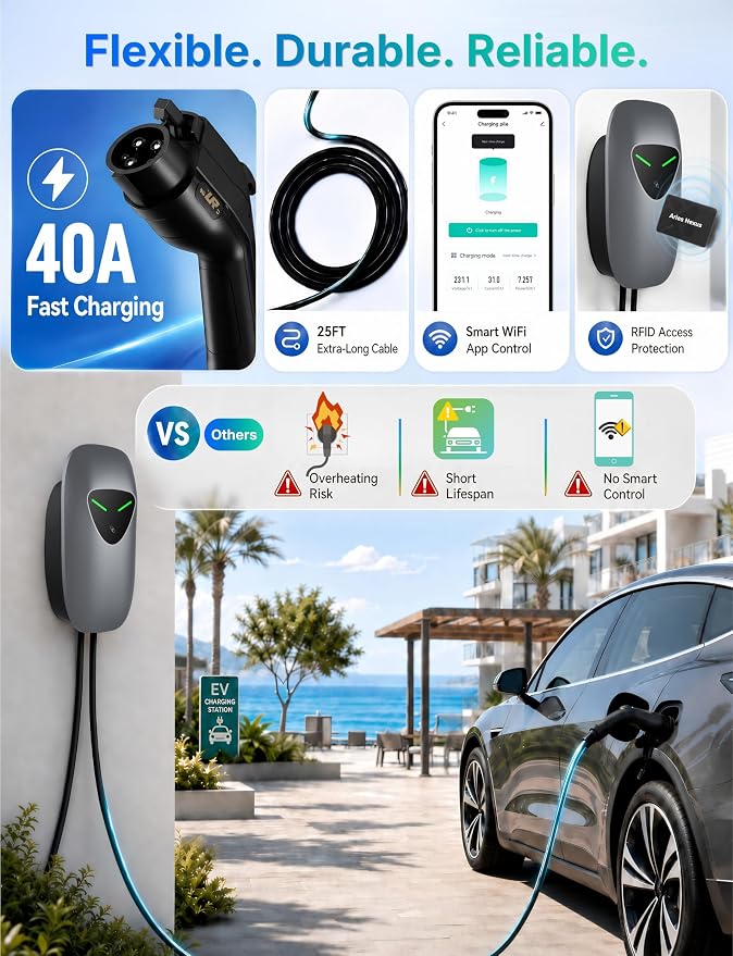 40A Level 2 EV Charger Station, J1772 240V 9.6kW WiFi App 25ft | Garage Home Driveway EV Charger,2.4GHz Smart Control,RFID Access,Indoor Outdoor Installation,UL ETL FCC Certified,Overheat