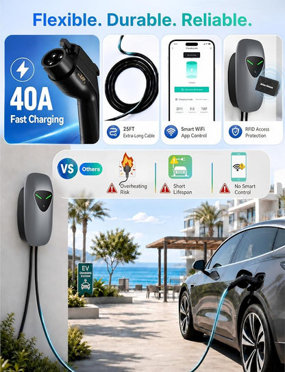 40A Level 2 EV Charger Station, J1772 240V 9.6kW WiFi App 25ft | Garage Home Driveway EV Charger,2.4GHz Smart Control,RFID Access,Indoor Outdoor Installation,UL ETL FCC Certified,Overheat