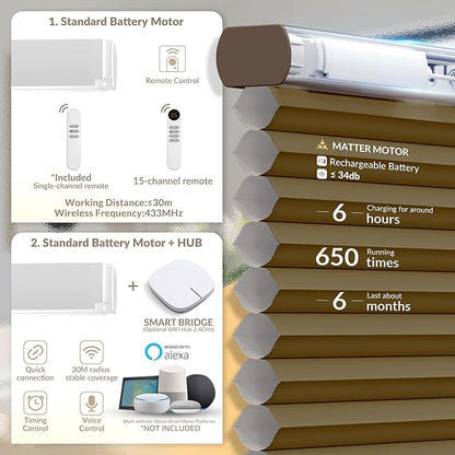 Boolegon No Drill Motorized Cellular Blinds With Remote Motorized Blackout Honeycomb Blinds For Indoor Windows Easy to Install Automatic Cellular Shades For Home,Light Filtering Dark Brown,Custom Size