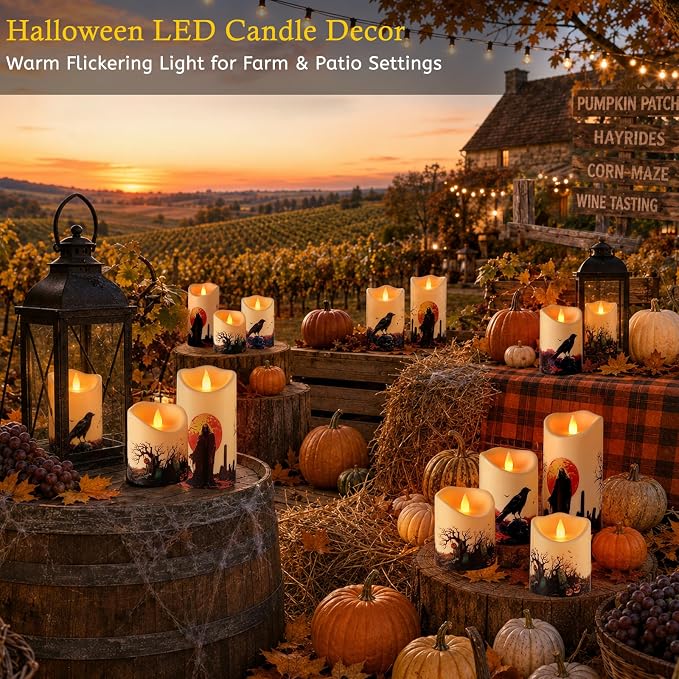 Artmarry Halloween Flameless Candles 4" 5" 6" Set of 3 Outdoor Indoor | Pillars Battery Operated Flickering Candles with Cozy Climbing Flame Effect ,10-Key Remote Timer, Plastic LED Candles