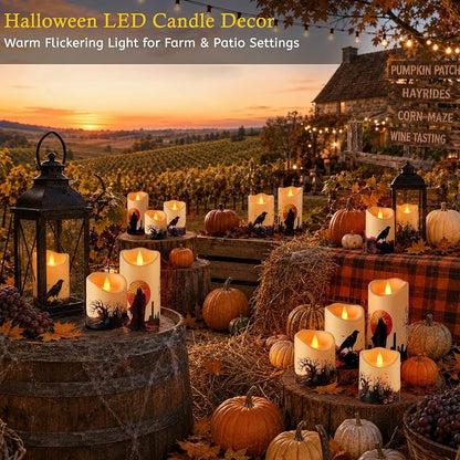 Artmarry Halloween Flameless Candles 4" 5" 6" Set of 3 Outdoor Indoor | Pillars Battery Operated Flickering Candles with Cozy Climbing Flame Effect ,10-Key Remote Timer, Plastic LED Candles