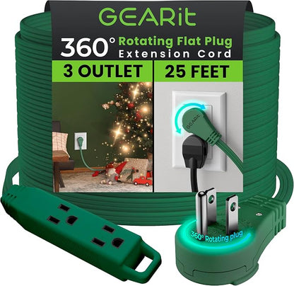 GEARit 25 ft 360° Rotating Flat Plug Extension Cord, 3 Outlet Low Profile Power Cord, 16 AWG 13A 3 Prong Grounded Indoor Cord, ETL Listed, Space-Saving for Furniture, Green