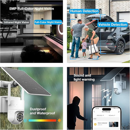 5MP Solar Security Cameras Wireless Outdoor, 3K AOV 24/7 Recording Cameras for Home Security with 360° View, APP Alarm, Auto Tracking, Night Vision, Dual-Band WiFi, IP65, 8W Solar Panel